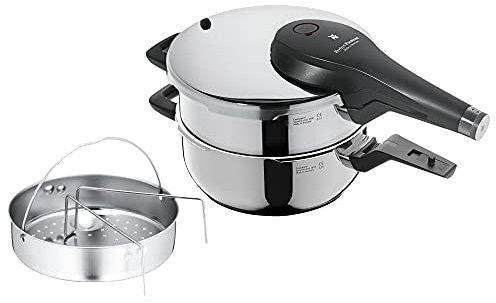 WMF Perfect Premium Schnellkochtopf Set 3-teilig 4,5l + 3,0l mit Einsatz-Set, Schnelltopf 22 cm, Cromargan Edelstahl poliert, Induktion, 2 Kochstufen, All-In-One Drehknopf