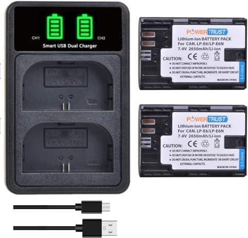 PowerTrust LP-E6 LP-E6N Akku und Ladegerät für Canon EOS R5, R5 C, R6, R7, R, 60Da, 60D, 70D, 80D, 90D, 5DS R, 5Ds, 5D Mark II, 5D Mark III, 5D Mark IV, 6D, 6D Mark II, 7D, 7D Mark II