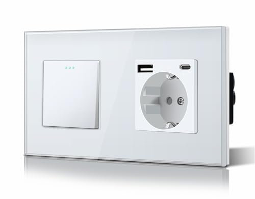 BSEED Interruptor Normal y Enchufe USB C,Basculante Con Luz de Orientación,Marco de Cristal,Fácil Instalación,Fáciles de Limpiar,1 Gang 1 Vía Con Enchufe USB/Tipo C,157mm Blanco