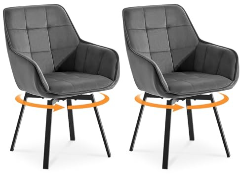 LEMROE Lot de 2 chaises de Salle à Manger pivotantes à 360° avec Assise en Velours Gris et Pieds en métal pour Bureau à Domicile