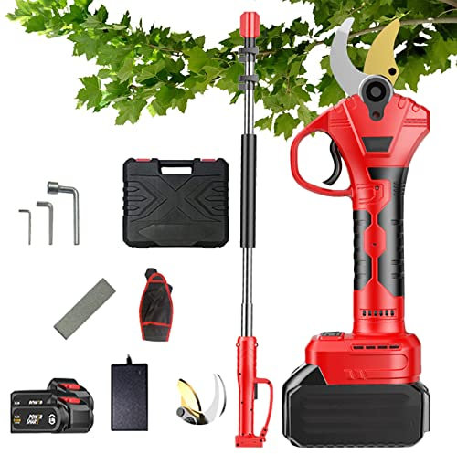Tijeras Electricas para Podar Sin Cable, Tijera de Podar Eléctrico de 50mm Podadora de Flores Podar con Pértiga de Extensión, 2 Baterías y Cargador, Alimentadas Por Batería, 5-6 Horas de Trabajo