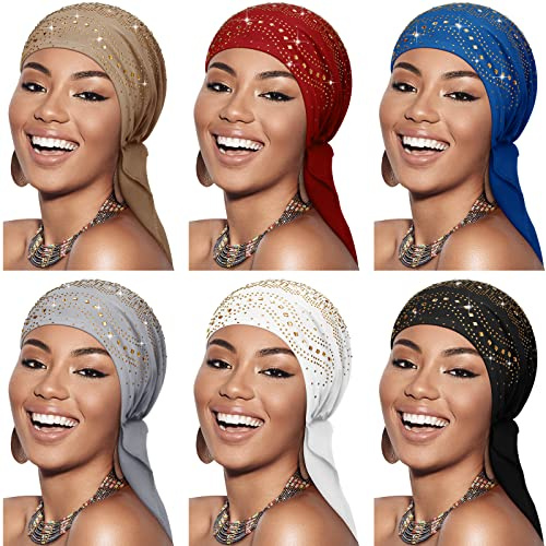 Geyoga 6 Packs Rhinestone Head Scarf Stretchy Head Wrap Women Bandana Beanie Pre Tied Durag Turban Cap Skull Cap Headbands, Classic Color, One Size