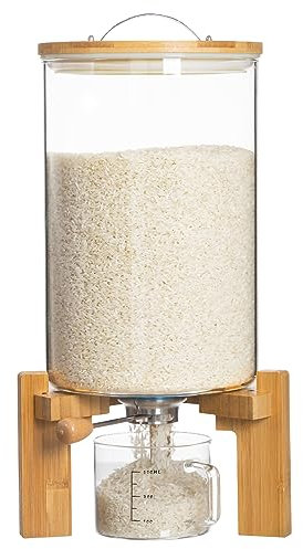 HBlife 14-16 Lbs Glass Rice Dispenser with Wooden Stand Flour and Cereal Container with Glass Measuring Cup Pantry Food Organization Storage Bin with Airtight Bamboo Lid, 8L