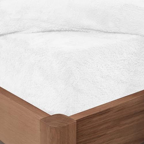 Brentfords Single Bed Sheets White, Teddy Fleece Fitted Sheet Bed Cover Easy Care Fade Resistant Ultra Soft Bedding Single Thermal Bedding Fitted Sheet