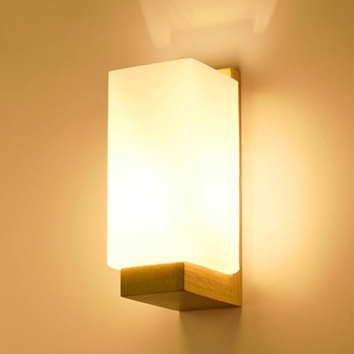 Comely Applique Murale Intérieure Bois, Moderne E27 Lampe Murale Design Minimaliste, Abat-jour en Verre Applique Murale pour Chambre Salon Couloir Café Décoration Intérieure