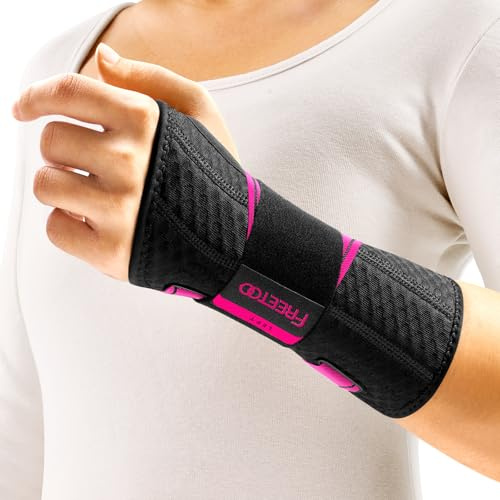 FREETOO Tutore Polso Sinistro Leggero per Tunnel Carpale, Polsiera Ortopedica Traspirante per Tendinite polso Adatto per Donna Uomo, Tutore Mano Regolabile per Distorsione, Trauma (Nero/Rosa, S/M)