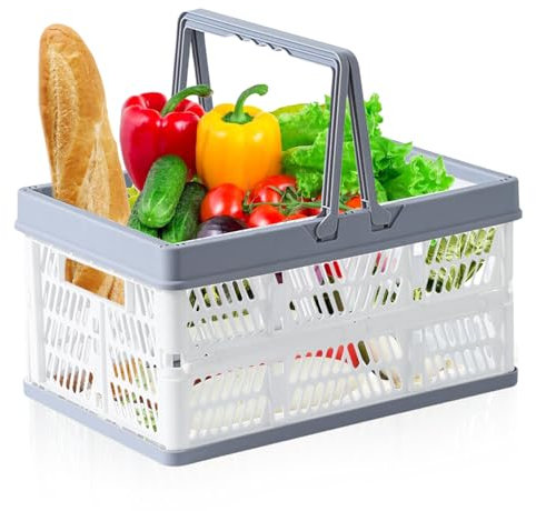 Klappbox Transportbox mit Griff, faltbar aus Kunststoff, Camping Klappbox Ordnungsboxen, 37L Klappkorb stabil Einkaufskiste ideal für Einkäufe und Transport, Plastic Folding Storage, Weiß-Grau
