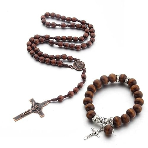 SIGONE 2 Piece Handmade Wood Catholic Rosary Beads Necklace with Saint Benedict Medal and Cross Durable Quality Pinewood Unique Texture
