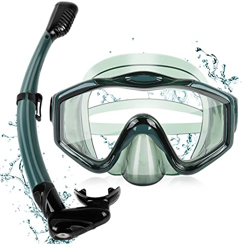 KUYOU Snorkeling Gear for Adults, Dry Top Snorkel Set 180° Panoramic View Snorkel Mask Set (Dark Celadon)
