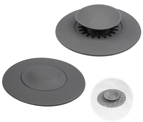 Abflussstopfen mit Sieb – 2 Stück Silikon Stöpsel Badewanne & Waschbecken, Universal Badewannenstöpsel gegen Haare, praktischer Abflussstopfen für Küche und Bad, Grau