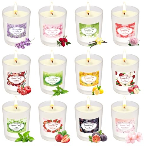 Candle - Set regalo di candele profumate in vetro, 12 candele profumate per donne, con 180 ore, lunga durata e cera di soia, set di piccoli regali per donne, compleanno, Natale