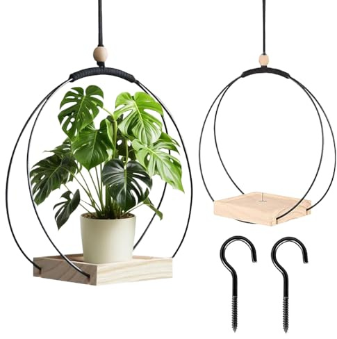 SKIKHN Suspension Plante Intérieure, 2 Pièces Pot Suspendu Plant Interieur, Pot de Fleur Suspendu Intérieur avec Anneau en Métal et Base en Bois, Plante Suspendue pour Décoration de Maison Jardinage