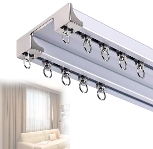 Binario per tenda silenzioso, con ruote scorrevoli, lunghezza regolabile da 2,5 m a 4,5 m, asta per tenda in alluminio a 2 corsie per soggiorno, camera da letto, divisori (bianco, 1 m)