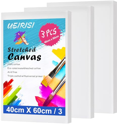 UEIRISI Stretched Canvas for Painting, 3 Pack 40x60cm A2 Large Canvas Set, 280GSM Acid Free Triple Primed Blank Canvas for Acrylic, Oil & Watercolour Painting, Beginners & Artists