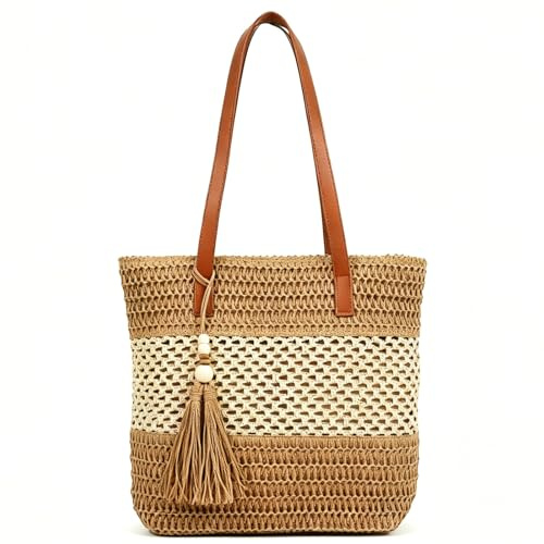 unisoul Straw Beach Bag for Women, Hand-Woven Summer Tote Bag with Zip, Lightweight Shoulder Handbag for Holidays, Travel & Daily Use