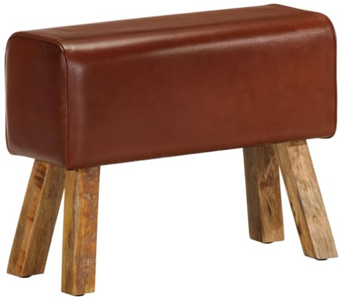 Ziaphsol Sittbänk, gymnastikbock-design, 58 cm, brunt, äkta läder, massivt mangoträ med naturlig finish, stoppbänk för kök, matsal, hall, förvaringsutrymme