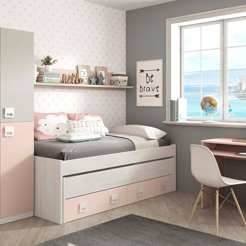Dmora - Letto per bambini Fairfield, Struttura letto per cameretta, Letto singolo con lettino estraibile, 199x96h65 cm, Bianco e Rosa