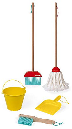 Janod - Kinder Putzset aus Holz - 5 Realistische Holz Accessoires - Kehrset - Kinderbesen + Mopp + Eimer + Schaufel + Handfeger - Holzspielzeug für Kinder ab 3 Jahren, J06588