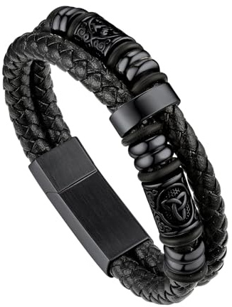 Bandmax Mens Leather Bracelet Viking Bracelets Wristbands For Son Black Rope Beaded Bracelet Men Celtic Knot Jewellery 19cm