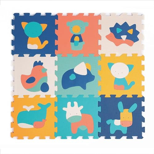 LUDI — Teppich mit Tiermotiv — Riesenpuzzle — 9 Schaumstofffliesen — ab 10 Monaten — Awakening Baby — entwickelt Wohlbefinden, Berührung, Entdeckung und Reflexion — 90 x 90 x 1,2 cm