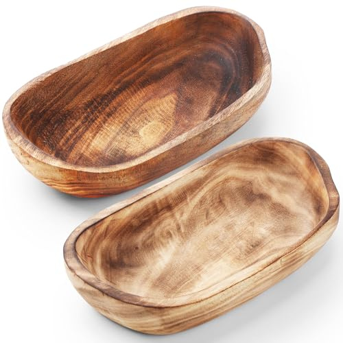 2 Pcs Wooden Dough Bowls for Decor Oblong Decorative Bowl Home Decor Fruit Vessel for Kitchen Counter Rustic Carved Serving Container Long Wooden Bread Tray for Dining Room Table(10 x 6 x 2 Inch)