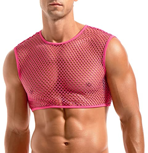 Amy Coulee Men's Fishnet Crop Top Sleeveless Mesh Vest | Lightweight Stretch Fabric, Crew Neck and Cropped Length, Large Mesh Design, Nightclub Party Costume Wear, Hand Wash Only