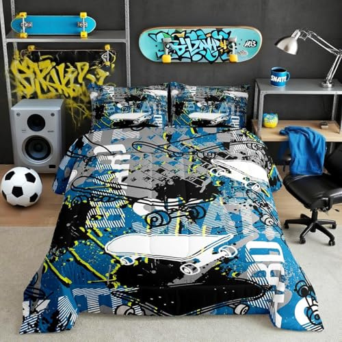 Kids Graffiti Comforter Set Twin Size Boys Skateboard Themed Bedding Set 2pcs for Teens Youth Room Decor,Black Navy Blue Grey Quilted Duvet Extreme Sports Gaming Duvet Insert,1 Pillowcase