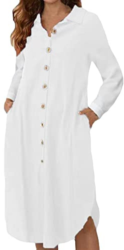 YMING Signore Abito a Maniche Lunghe Button Down Casual Cotone Lino Camicia Abito al Ginocchio Vestito con Tasche Maniche Lunghe Bianco M