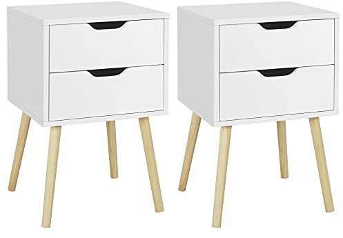 Yaheetech Set di 2 Comodini da Camera da Letto Comodino da Notte con 2 Cassetti Tavolini Moderni per Soggiorno Tavolo in Legno e MDF Tavolino Basso Laterale da Divano Salotto 40 x 40 x 61 cm Bianco