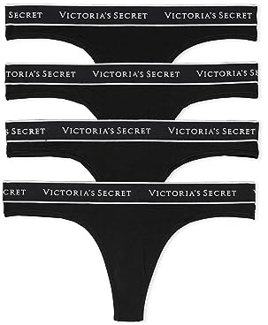 Victoria's Secret Women's Cotton Logo Thong Underwear, Panties for Women, Pack of 5, Black, M
