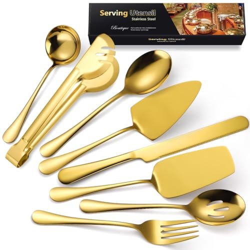 AARAINBOW Serving Utensils Set Large, 8 Pcs Serving Utensils for Parties, Stainless Steel Serving Set with Serving Spoons for Buffet, Hostess Serving Utensils(Golden)