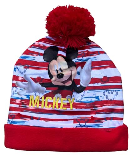 Gorro de invierno con pompón de Mickey Mouse, gorro para niños con impresión, rojo, 52