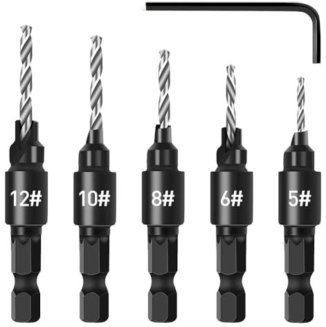 Senker Bohrer Set für Holzbearbeitung, Fixinus 5 tlg 1/4 HSS-Spiralbohrer mit Aufstecksenker, 5/6/8/10/12# Bohrsenker Set mit einem L-Schraubenschlüssel