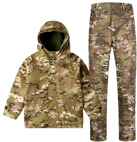 QIYUANT Bambini All'aperto Set di Giacca e Pantaloni di Abbigliamento Tattico Foderato Pile Airsoft Militare Camuffare Inverno Combattere Escursionismo Caccia (CP/Giacca + Pantaloni, 140)