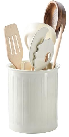 PAVSTINE Küchenutensilienhalter Keramik für Küchentheke, 13,4 x 11 cm Utensilienhalter Küche, Relief Besteckhalter für Küche, Arbeitsplatte Aufbewahrung, Glänzend Glasierte Oberfläche, Weiß