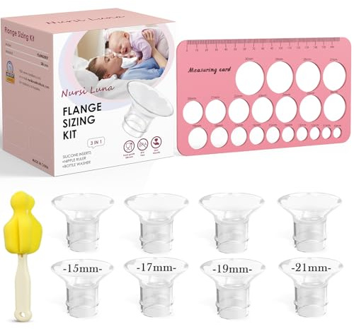 Nursi Luna Kit di dimensionamento della flangia 3 in 1 Ultimate con 8 inserti flangiati da 15/17/19/21 mm, righello per capezzoli, spazzola per la pulizia, kit di inserti flange in silicone per la
