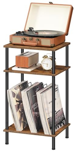 HOOBRO Plattenspieler-Ständer, 3-Stufiger, Beistelltisch, Schallplattenständer mit herausnehmbaren Trennwänden, Schallplatten Aufbewahrung für CDs, Alben, Vintagebraun und Schwarz EBF02RS01