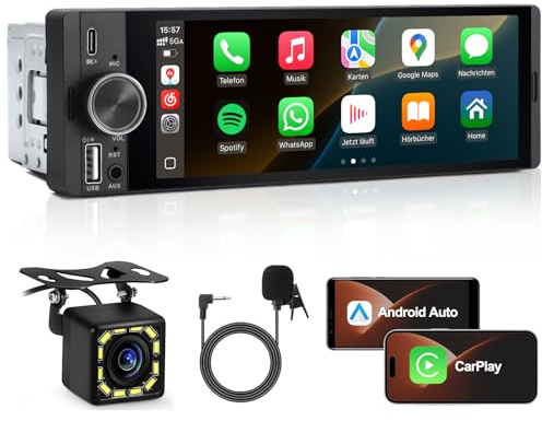 1 DIN Autoradio mit Wireless CarPlay & Android Auto, Auto Radio mit Bildschirm, GPS Navigation, FM, Bluetooth, Freisprecheinrichtung, Lenkradsteuerung, EQ, MirrorLink, AUX (6,36 Zoll & Rückfahrkamera)