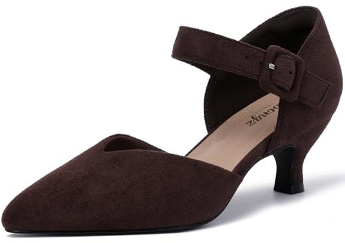 RIBONGZ Comfortable Kitten Heels for Women Pointed Closed Toe Ankle Strap Buckle Heels Slip on Low Heel Church Pumps Wedding Bridal Party Dressy Shoes, Chocolate Brown, 5 UK