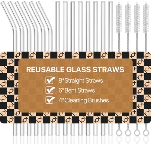 18-Pack Glass Straws, Reusable Clear Glass Drinking Straws Set, 8.5 Inch x 10mm - Includes 8 Straight and 6 Bent with 4 Straw Cleaner Brush, Perfect for Smoothies, Milkshakes, Juice, Tea