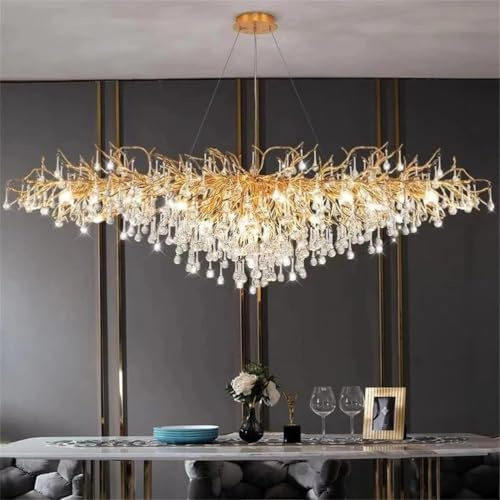 Leomix Moderner Kristall-Kronleuchter in Astform, Luxuriöse Goldene Kristall-Pendelleuchte, Zeitgenössischer Großer Kristall-Kronleuchter in Tropfenform Für Esszimmer, Schlafzimmer, Wohnzimmer,L140cm