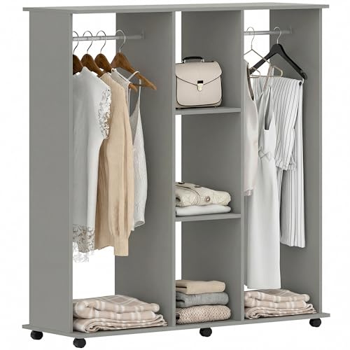 HOMCOM Armoire Penderie Mobile 6 roulettes 120x40x128cm Gris | Meuble de Rangement en Bois