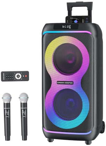 GKDT81 Karaoke Machine with 2 Microphones for Adults, 80W Rated Power, Dual 8 Woofers, Portable Bluetooth Party Speaker with Wheels & Pull Handle, Deep Bass, LED Lights, PA System for Outdoor Parties