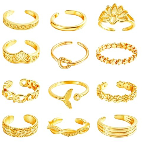 KSJEHW Set 12 Anelli Piedi Donna Acciaio Inossidabile, Anelli Regolabili Aperti per Dita dei Piedi e Nocche, 3 Stili Eleganti, Gioielli Estivi Ipoallergenici per Mare e Spiaggia