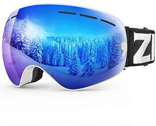ZIONOR X Ski Snowboard Snow Goggles OTG Design for Men Women Adult with Spherical Detachable Lens UV Protection Anti-fog (VLT 22% White Frame Revo Blue Lens)