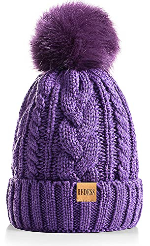 REDESS Gorro de Invierno con pompón para Mujer con Forro Polar cálido, Gorro de esquí Grueso y Holgado con Punto de Nieve y Calavera