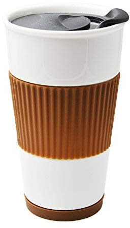 UDMG Ceramic Double Wall Insulated Travel Coffee Cup with Slider Lid, Silicone Sleeve & Built-In Coaster, 10 fl.oz (Coffee)