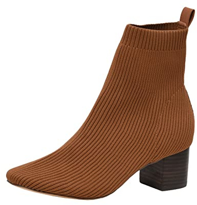 CUSHIONAIRE Neely Sock Booties for Women, Stretch Knit Block Heel Womens Boots with Memory Foam for All-Day Comfort and Style, TAN 11