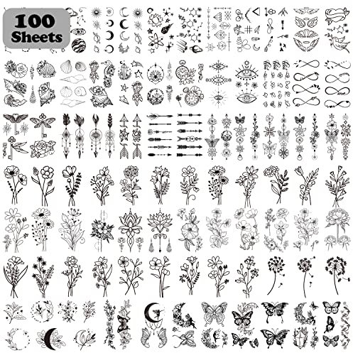 Acevegue 100 Sheets Tiny Branch Temporary Tattoos for Women Girls, Semi Permanent Black Flowers Wild Plant Rose Dandelion Butterfly Stickers, Realistic Small Fake Tattoos for Adults and Kids