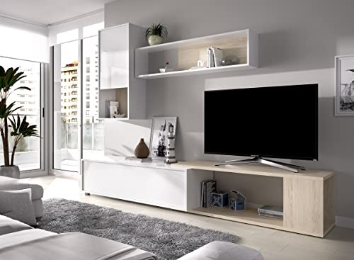 CAESAROO Parete attrezzata porta Tv 230 cm Luna Bianco lucido e Rovere Naturale - Bianco e Naturale